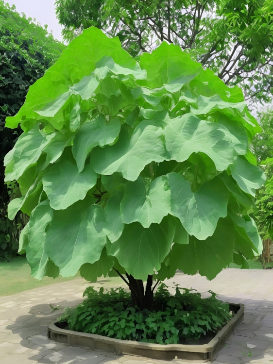 Paulownia, drzewo tlenowe, oxy, w ogrodzie duży liść (1).jpg